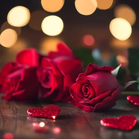 Red Roses and Hearts on Wood