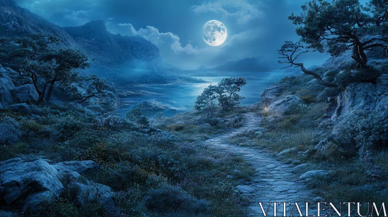 AI ART Full Moon Over Rocky Pathway