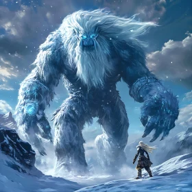 Yeti and Woman in Snowy Wasteland