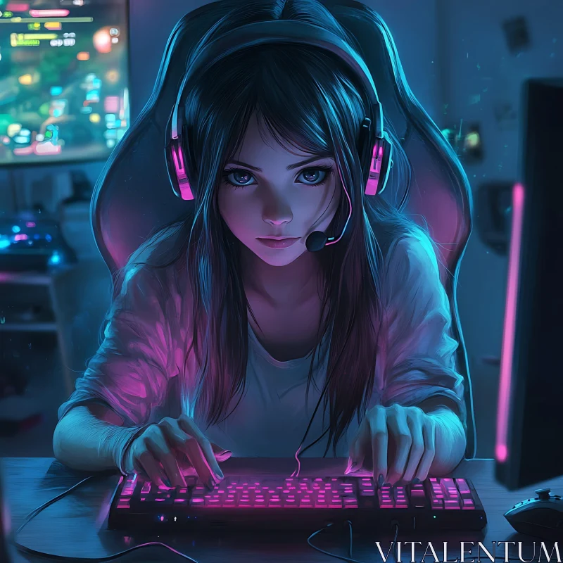 Focused Gamer with Neon Keyboard AI Image