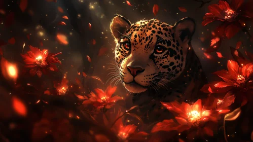 Jungle Leopard with Glowing Red Flowers