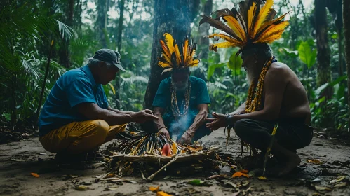 Tribal Gathering Around Campfire