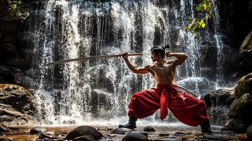 Man Posing with Sword near Waterfall