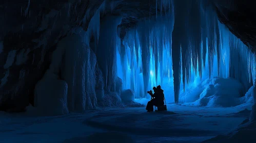 Icy cavern with photographer silhouette