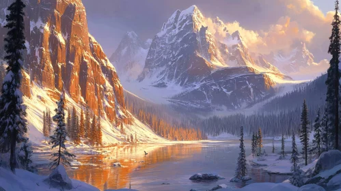 Snow-Covered Mountains with Sunset Reflection in Lake