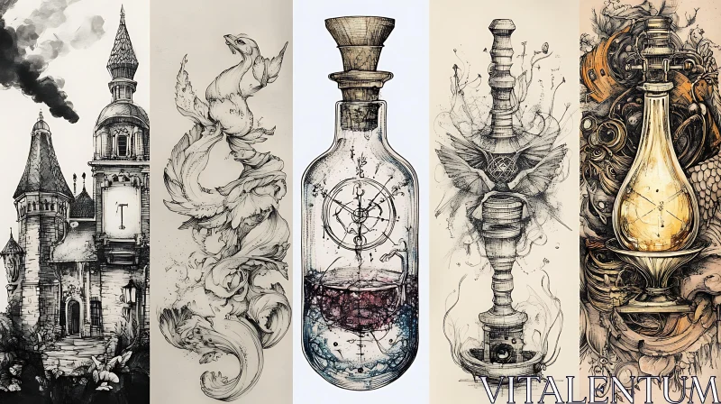 AI ART Surreal Bottle Art Ink Drawing