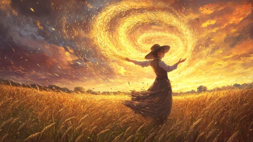 Woman in Wheat Field at Sunset