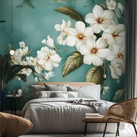 Chic Bedroom Decor Featuring Large Floral Wall Art