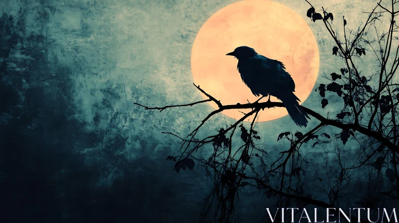 Night Bird on Branch with Moon AI Image