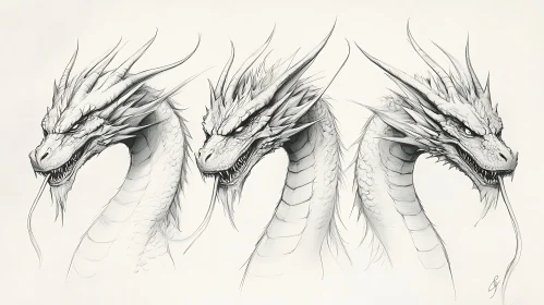 Monochrome Dragon Sketch with Three Heads