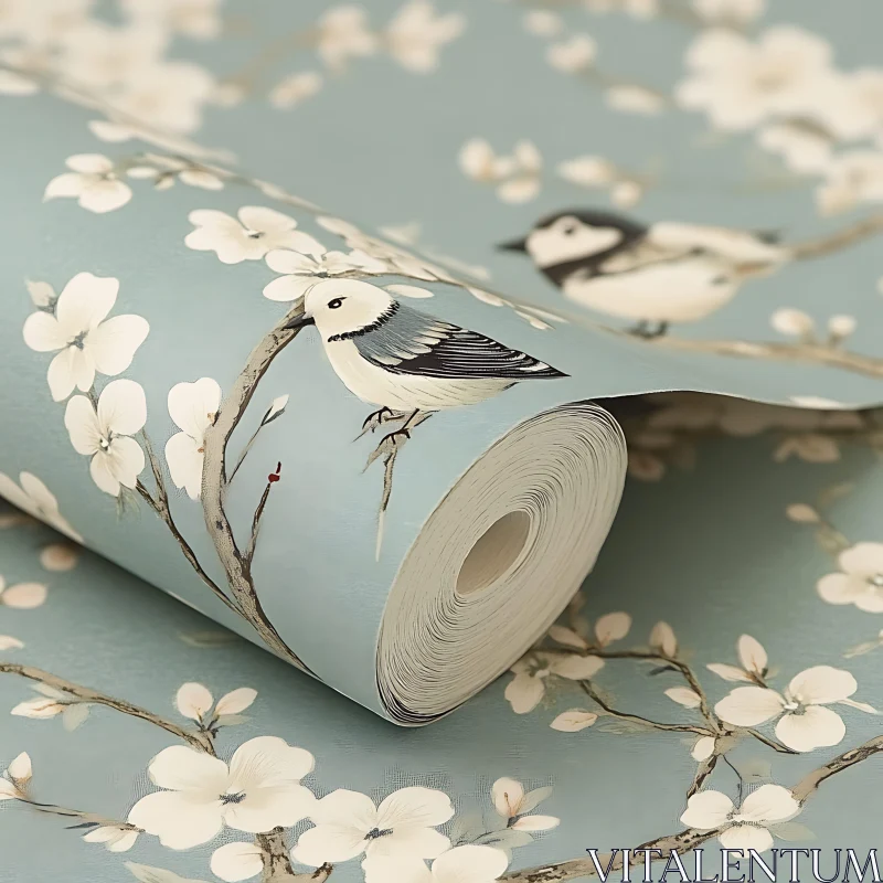 Nature-Inspired Bird and Blossom Wallpaper AI Image