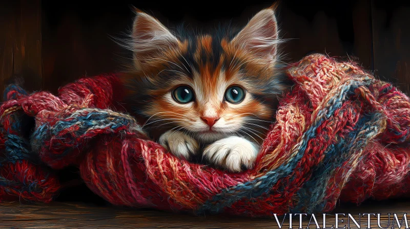 Cozy Kitten Wrapped in Knitted Blanket AI Image