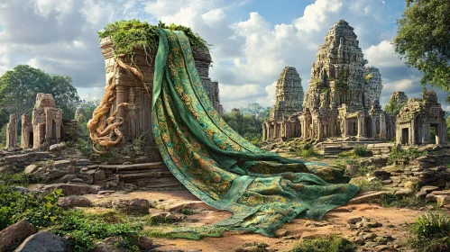 Ancient Temple Ruins with Green Fabric