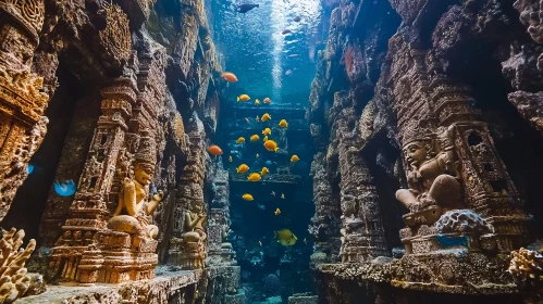 Submerged Ancient Temple with Aquatic Life