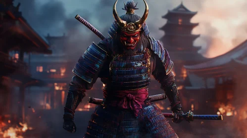 Red Masked Samurai with Swords