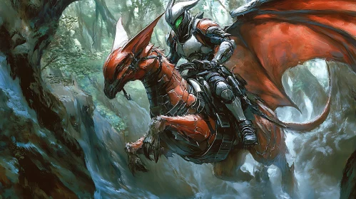 Armored Rider on Dragon in Misty Woods