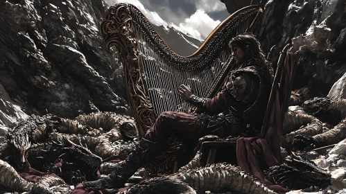 Melody of Victory: Harpist Amidst Dragons