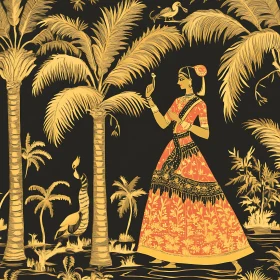 Golden Palms and Traditional Woman Art