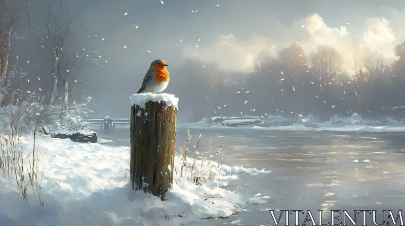 Robin in Serene Snowy Landscape AI Image