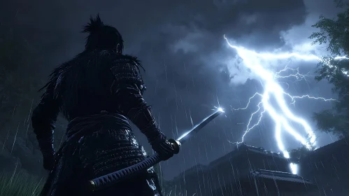 Samurai with Katana in Stormy Weather