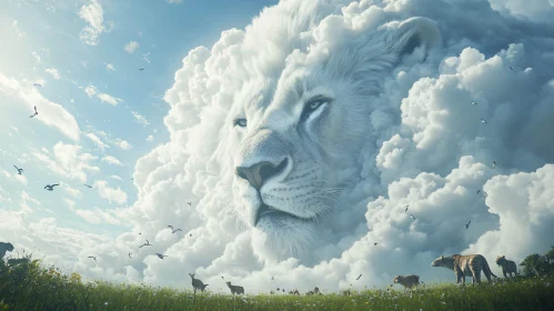 Cloud Lion Over Green Fields