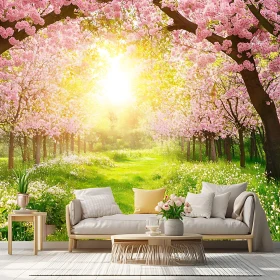 Living Room Featuring Cherry Blossom Forest Mural