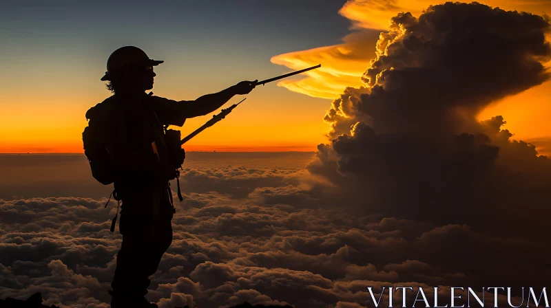 Man on Top Pointing to a Sunset Cloud AI Image