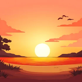 Warm Sunset Seascape with Flying Birds