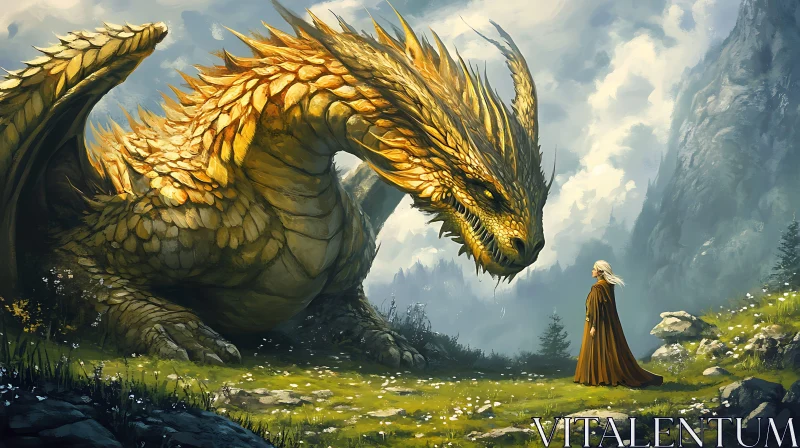 AI ART Dragon Encounter with Woman in Meadow