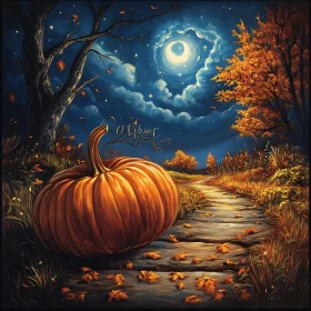 Moonlit Fall Path with Pumpkin