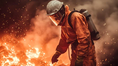 Heroic Firefighter in Action Amidst Flames