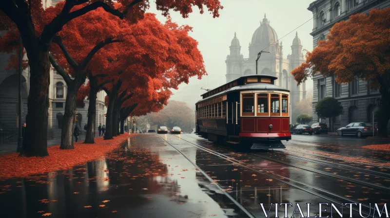Autumn Cityscape with Trolley: A Nostalgic Journey AI Image