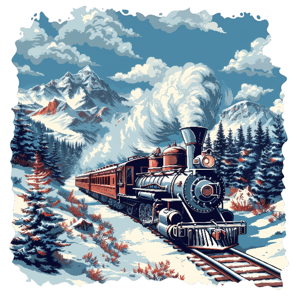 Vintage Steam Train in Snowy Mountains T-Shirt Design POD Design