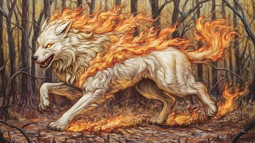 Fire Wolf Running Through a Burning Forest