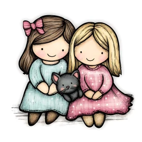 Cute Cartoon Girls and Kitten Illustration