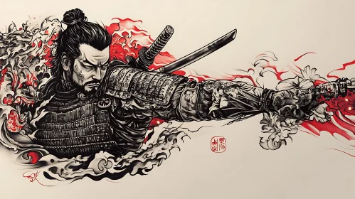 Ink Samurai Warrior with Red Hues
