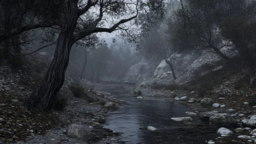 Foggy River in a Rocky Forest Landscape