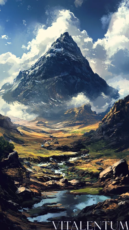 Majestic Mountain Landscape with Stream AI Image