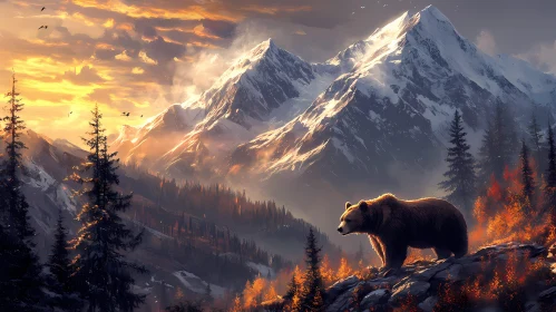 Sunset Over the Mountains with a Solitary Bear