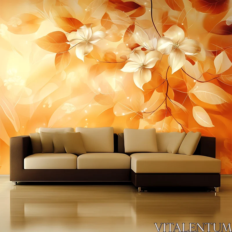 AI ART Modern Sofa with Floral Wall Art