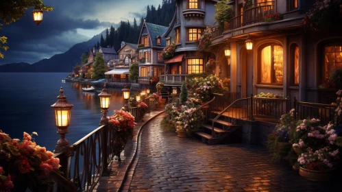 Fairytale-Inspired Evening Waterfront Scene with Houses