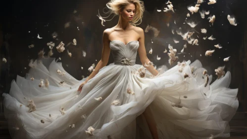 Graceful Woman in White Gown with Feathers and Floral Accents