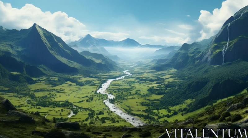Lush Green Valley with Rivers: A Fantasy-Inspired Illustration AI Image