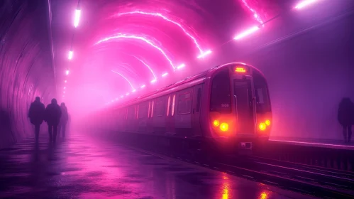 Purple Light Train in an Old Slender Tunnel - Hyper-Realistic Pop Art