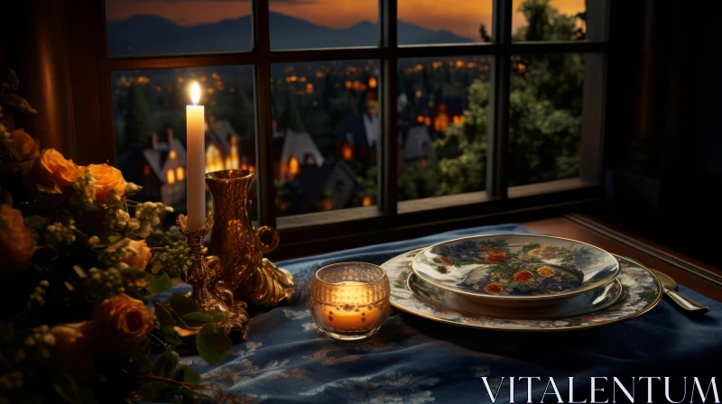 Romantic Candlelit Dinner with Flowers - Dreamlike Imagery AI Image