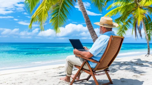 Senior Man at Beach with Laptop Computer | Luxurious Texture-Rich Art