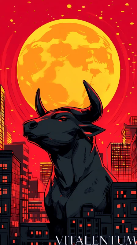 Bull Illuminated by Moon in City AI Image