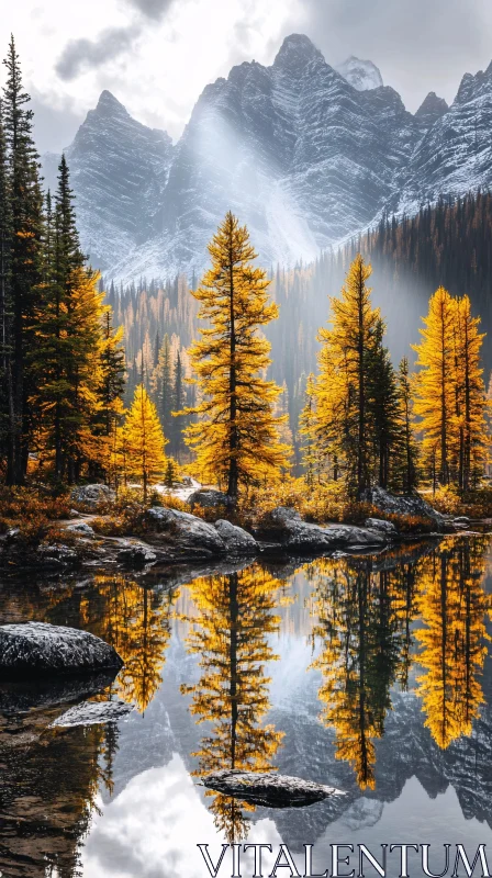 AI ART Golden Pine Trees Reflected in Calm Lake