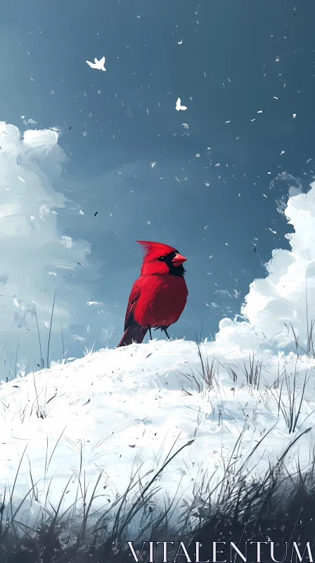 Crimson Cardinal on Snowy Hill AI Image