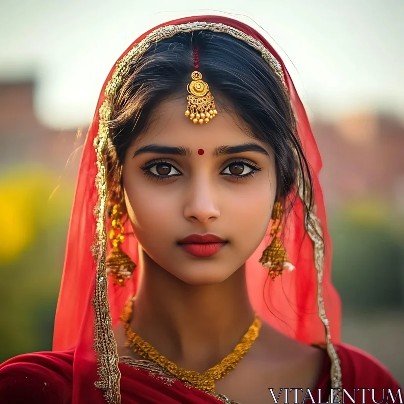 Portrait of a Woman in Red Sari AI Image